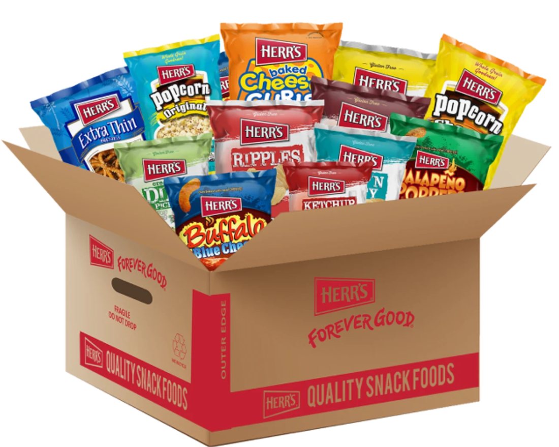 A box packed with Herr's potato chips, cheese curls, popcorn and pretzels